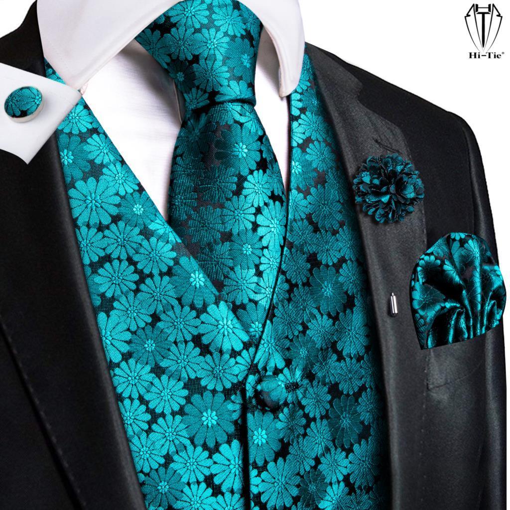 

Men's Vests Hi-Tie High Quality Silk Mens Vests Teal Floral Jacquard Waistcoat Tie Hanky Cufflinks Brooch Set for Men Suit Wedding Office  230217, Mj-2031-0049