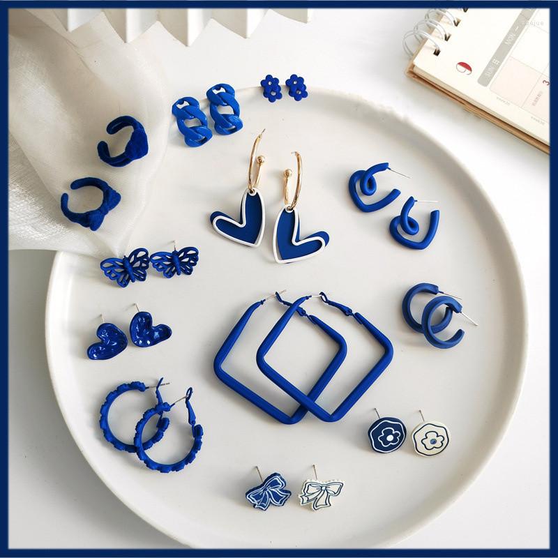 

Stud Earrings Fashion Blue For Women Girls Vintage Asymmetric Geometric Bow Flower Temperament All-match Party