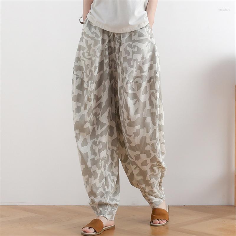 

Women's Pants Johnature Women Vintage Linen Wide Leg Print Floral Elastic Waist Trouser Pockets Loose Autumn Female Clothes Casual, Color 4