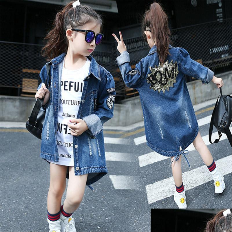

Jackets Girls Denim Jeans Back Shinny Flower Pattern Children Cowboy Long Style Top Dress Coat 10 Drop Delivery Baby Kids Maternity Dhutr, Randomly sended color