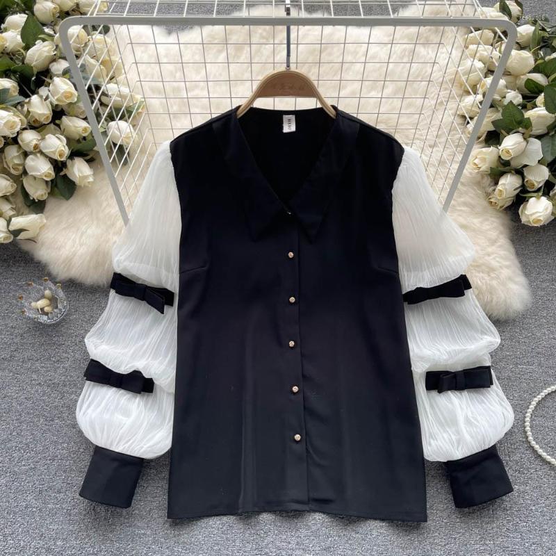 

Women' Blouses Spring French Senior Sense Of Collision Color Stitching Design Niche Long-sleeved Chic Tops, Black