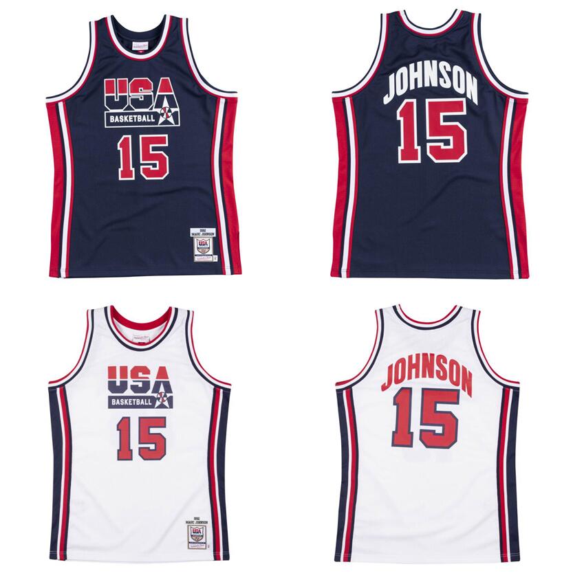 

15 Johnson Stitched basketball Jersey S-6XL Mitchell Ness jersey 1992 country team Mesh Hardwoods Classics retro jerseys Men women Youth, Stitched jersey