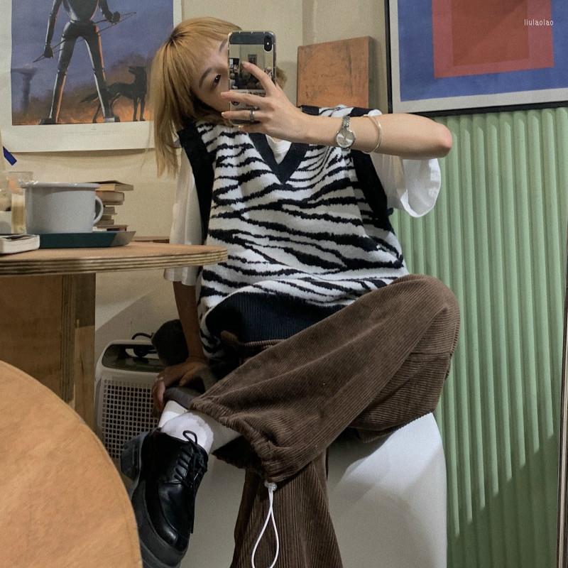 

Women' Vests 2023 Zebra Stripes Sweater Vest Women Spring Autumn Korean Knitted Black Grey Loose Casual Chic Sleeveless Jacket