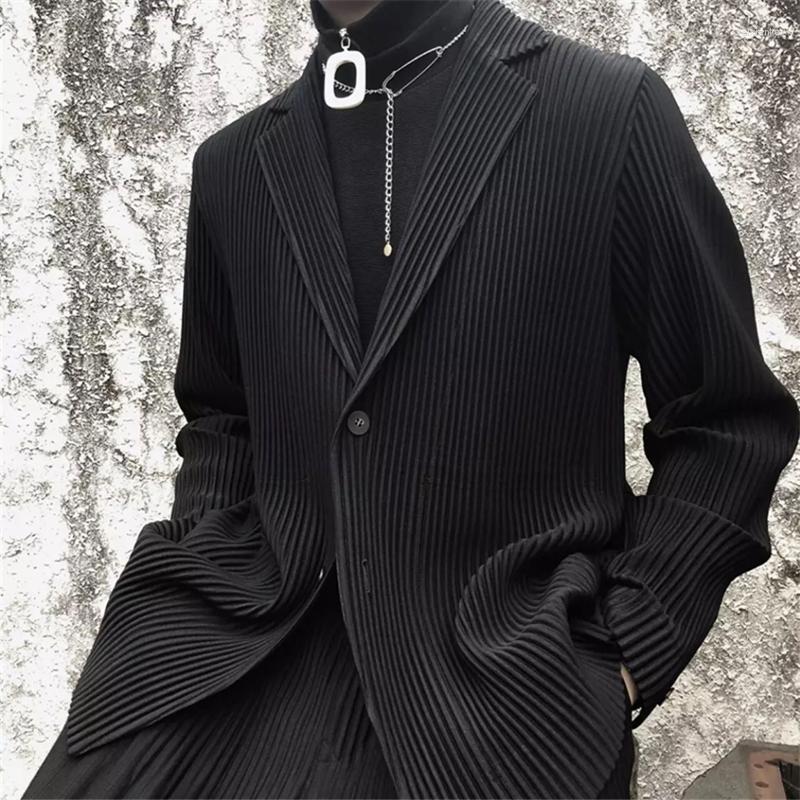 

Men' Suits Miyake Pleated Men Jacket 2023 Office Causal Simple Black Suit Blazers Korean Fashion Loose Coat