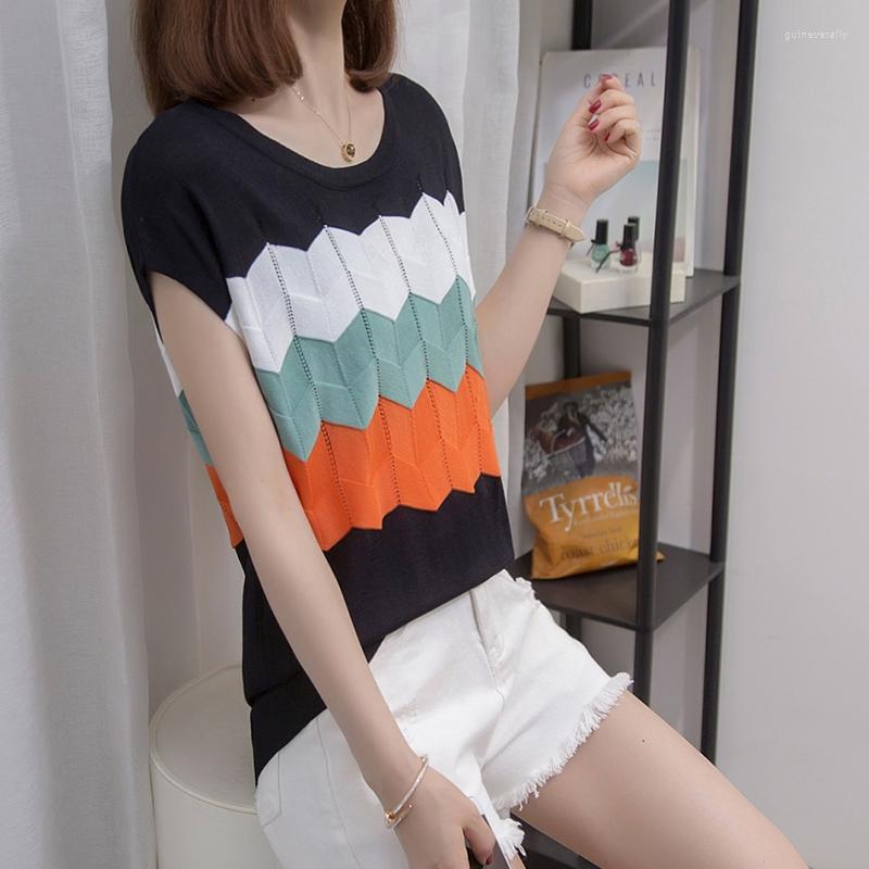 

Women's Sweaters M-4XL Size Women Summer Thin Kintting T-shirt 2023 Short Sleeve O Neck Stripe Patchwork Casual Pullover, Black