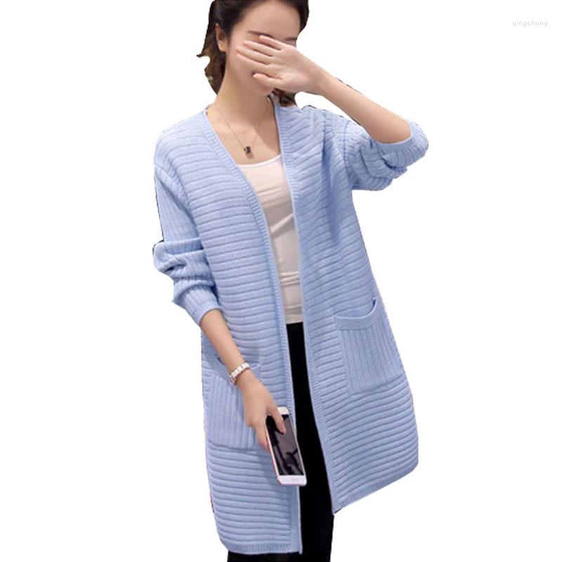 

Women' Knits Pink/Blue Knitted Long Cardigan Women Sweater 2023 Spring Autumn Casual Pocket Tricot Female Solid Sweaters ZY3412, Beige