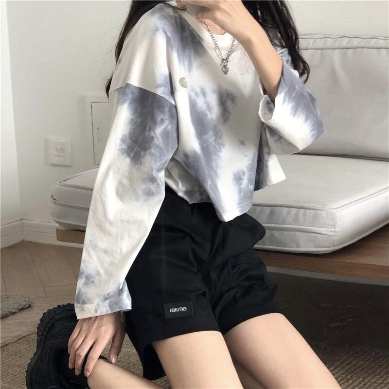 

Women' T Shirts Hikigawa Chic Fashion Women Early Spring Korean Vintage Harajuku Tie Dye Print Loose Long Sleeve T-Shirts Casual Short Top, Blue