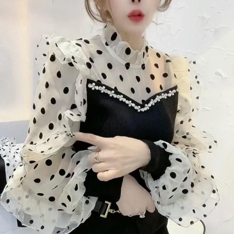 

Women's Blouses 2023 Korean Style Office Ladies Elegant Dot Shirts Chiffon Women Fashion Vintage Long Sleeve Patchwork Tops C140, White
