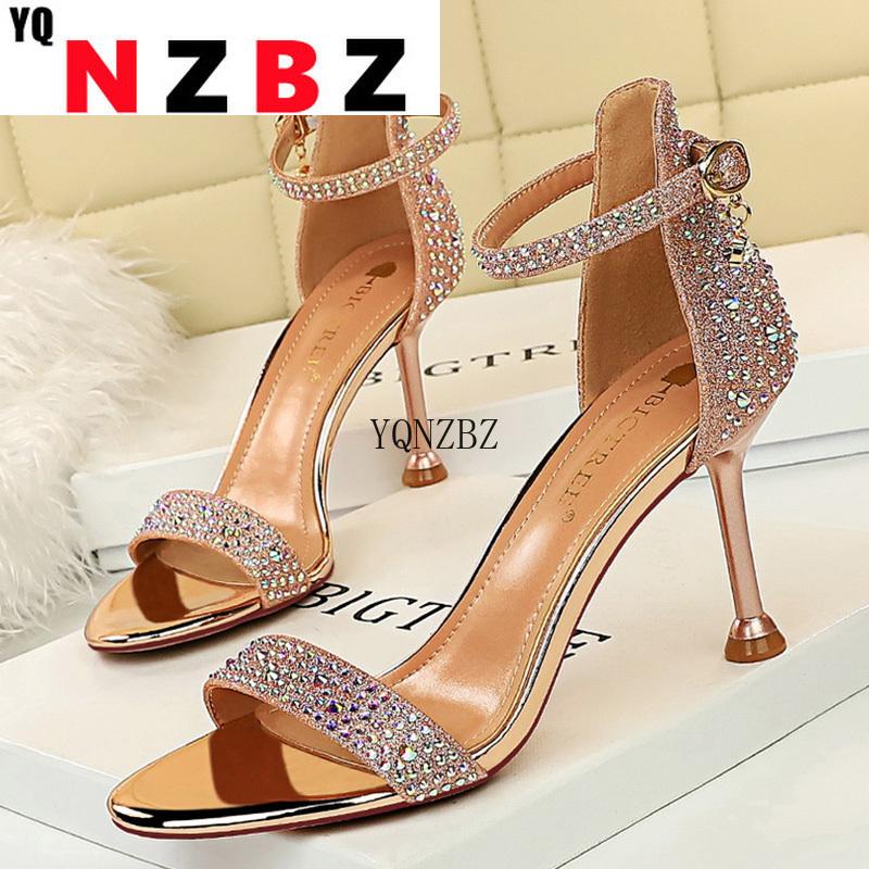 

Sandals 2023 Summer Sexy Women 8.5 Stripper High Heels Party Stiletto Bling Crystal Silver Gold Lady Wedding Shoes, Champagne