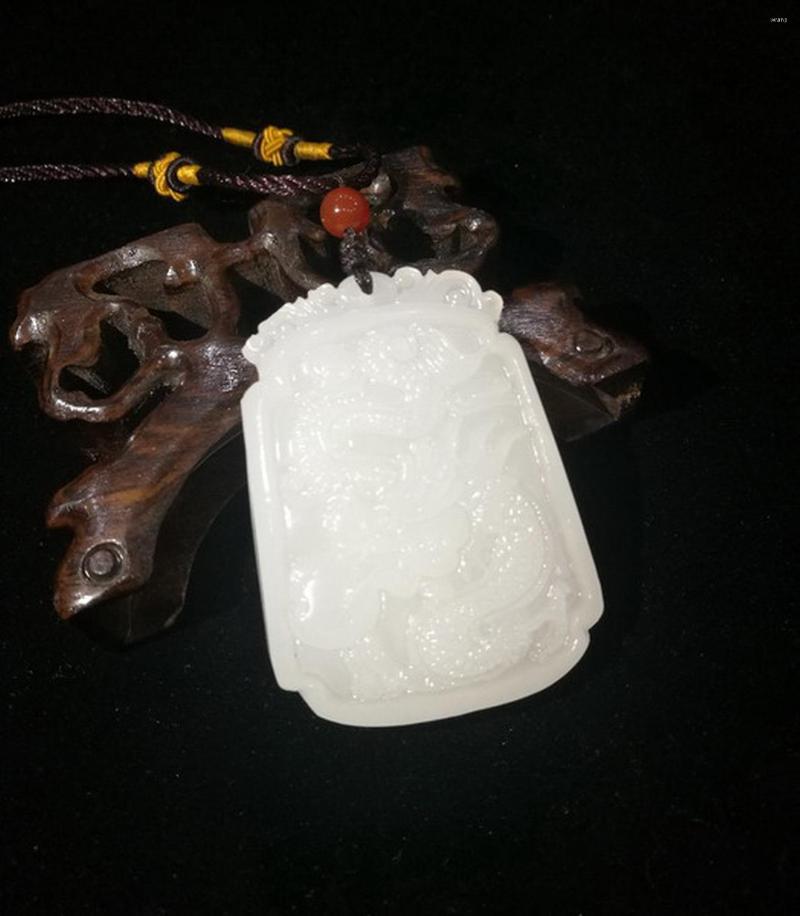 

Pendant Necklaces GENUINE Natural Hand-Carved White Jade Dragon Send Beads Necklace
