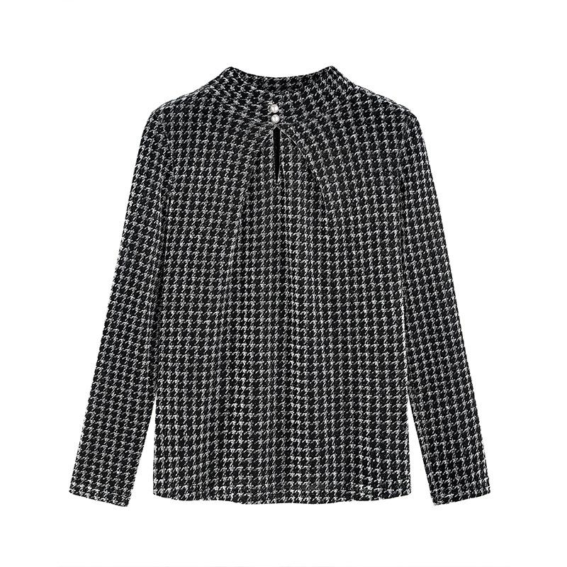 

Women's Blouses & Shirts Blouse Women 2023 Fashion Houndstooth Pattern Crop Top Hollow O-neck Vintage Pearl Long Sleeve Button Elastic, Red