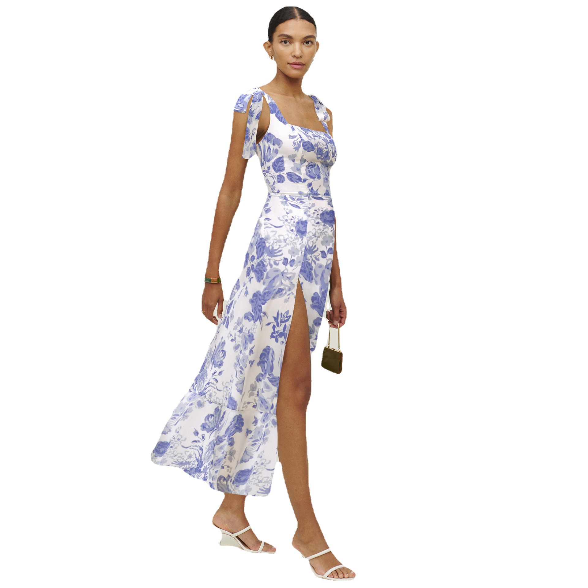 

Casual Dresses Suspenders lace-up strapless split floral dress temperament elegant with belt, 01