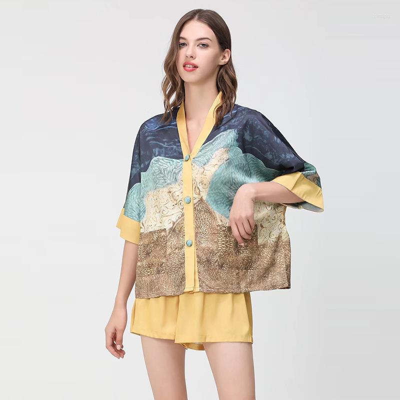 

Women's Sleepwear Silk Pajamas Women's Summer Short-sleeved Shorts Suit Loose Thin Style Ink Fashion Can Be Worn Outside Home Clothes, Yellow