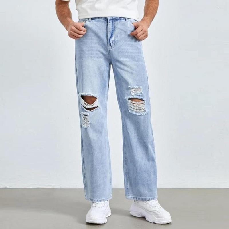 

Men' Jeans Men 2023 Street Hip Hop Holes Washed Straight Trousers Fashion Casual Loose Simple Wide-leg Pants Jogging, Blue
