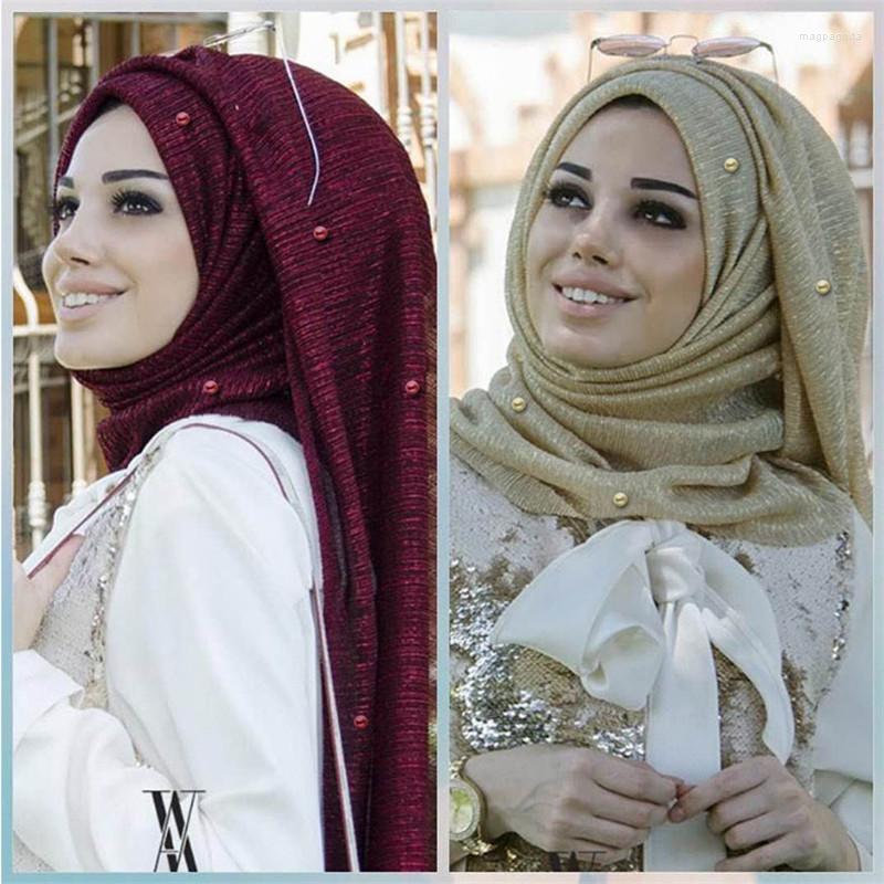 

Ethnic Clothing 75 180cm Stretchy Gold Yarn Islamic Scarfs Muslim Beading Hijab Scarf With Pearls Foulard Femme Musulman Arab Headscarf
