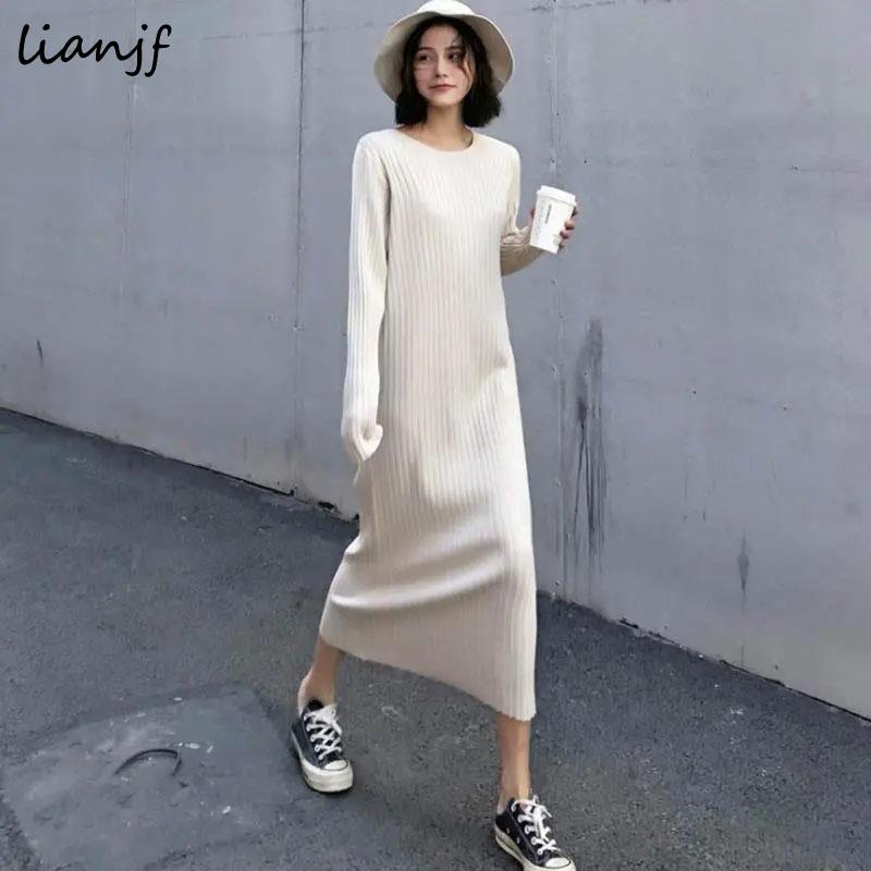 

Casual Dresses Long Sleeve Dress Women Knitted Autumn Solid Loose Elegant O-neck Korean Style All-match Chic Fashion Vestido Femme Mid Calf, Black