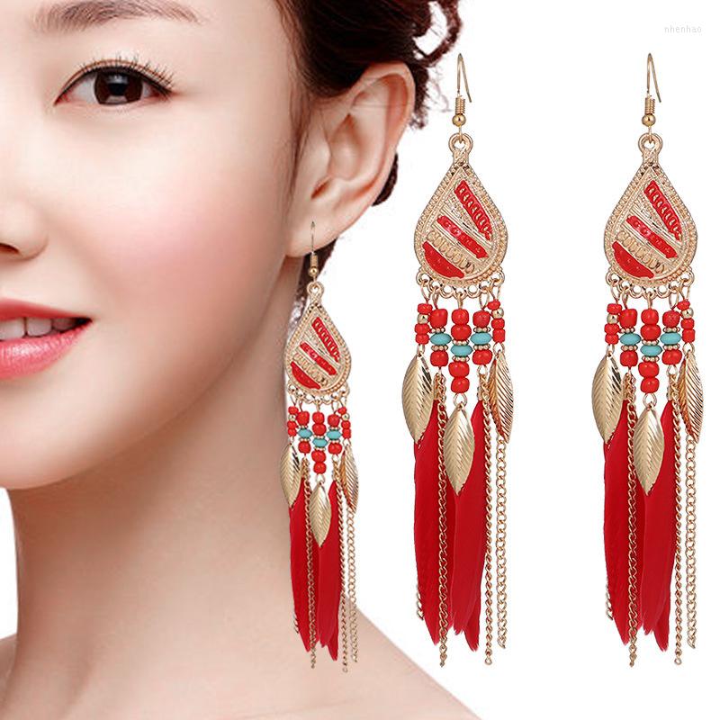 

Dangle Earrings Stylish Women Bohemian Tassels Feather Ins Ethnic Alloy Fringe Ears Embellishments Gift For Her