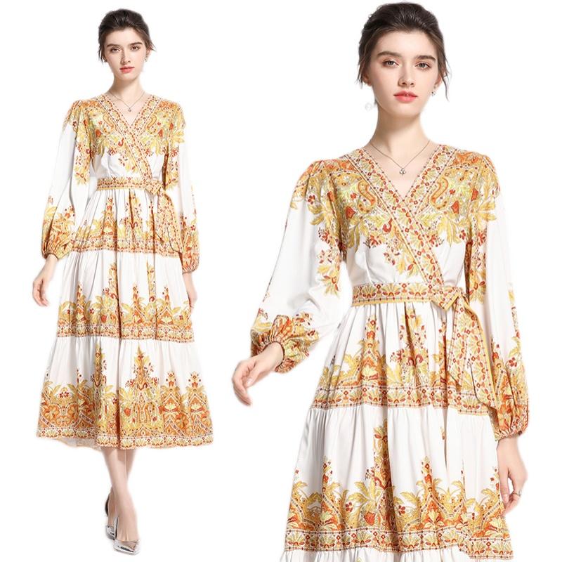 

Casual Dresses Summer Fall Vintage Floral Print V-Neck Long Sleeve Belt Women Ladies Fashion Temperament Collect Waist Midi Cake DressCasual, Xy1909