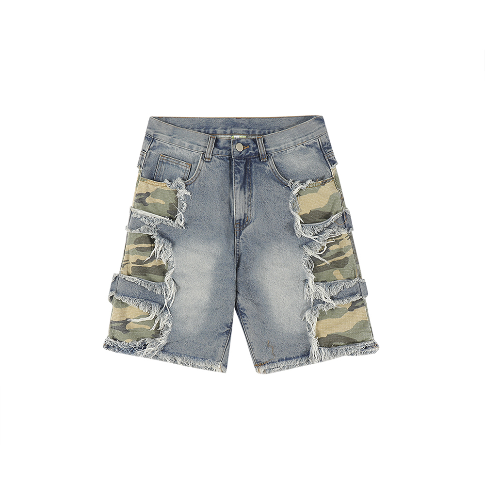 

Camouflage Patchwork Denim Knee Length Pants Men's Summer Vintage Streetwear Baggy Jeans Shorts Oversized