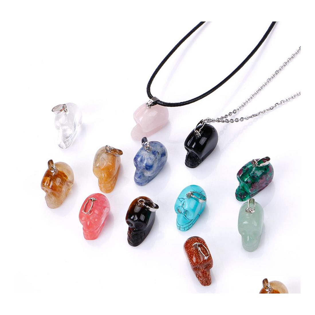 

Pendant Necklaces Natural Crystal Rose Quartz Stone Carved Skl Heads Shape Necklace Chakra Healing Jewelry For Women Men Dhseller201 Dhyum