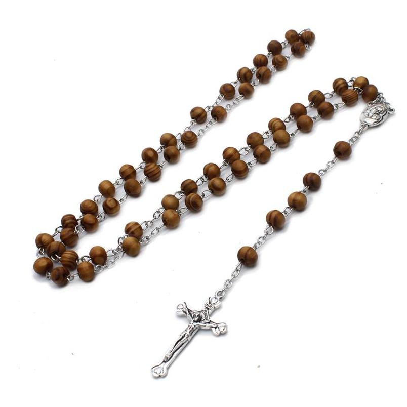 

Car Dvr Pendant Necklaces Long Wood Beads Cross Rosary Necklace Religious Jesus Prayer Jewelry Gift For Men Women Drop Delivery Pendan Dhqmo