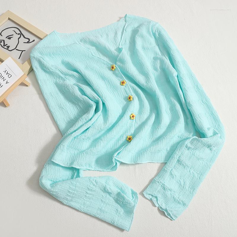 

Women's Blouses Korejepo Floral Breasted Cardigan Long Sleeved Women's Spring Summer Blouse 2023 Korean Solid Color Thin Versatile V, Blue