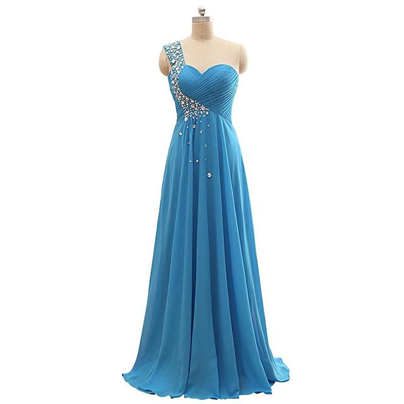 

Party Dresses One Shoulder Sky Blue Chiffon Prom Long Diamonds Beading 2023 Arrival Women Formal Lace Up Back, Picture blue