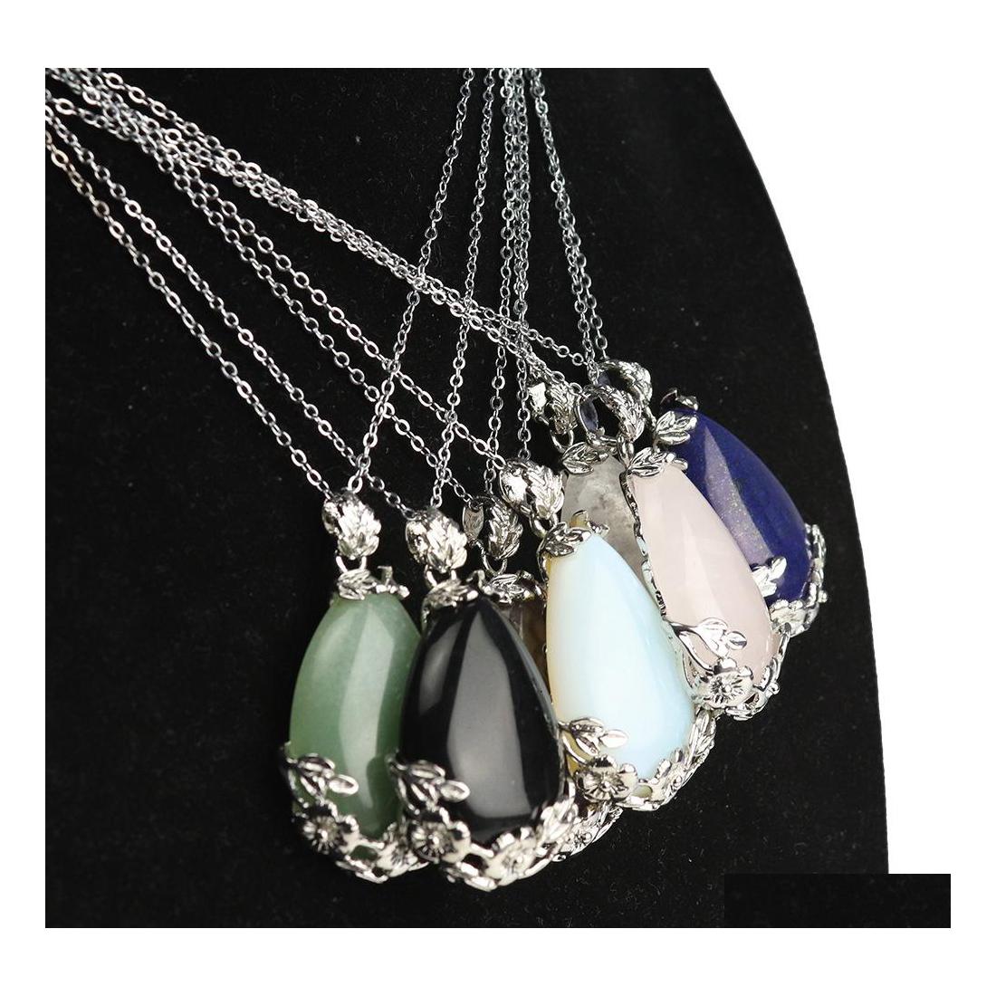 

Pendant Necklaces Flower Edged Water Drop Natural Stone Opal Crystal Necklace Chakra Healing Jewelry For Women Men Carshop2006 Deliv Dh9Sv