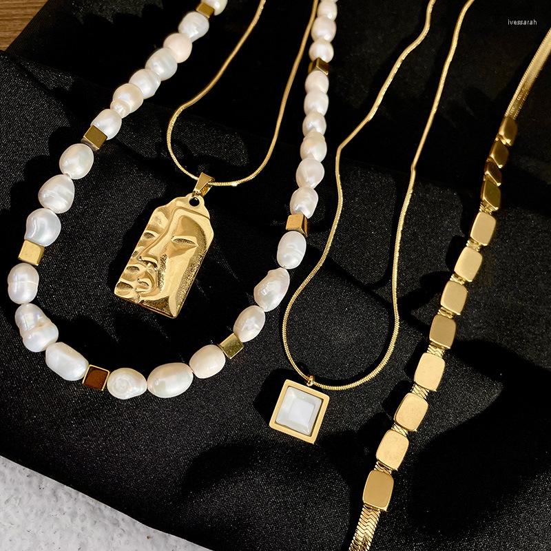 

Choker Luxury Gold Color Titanium Steel Geometric Square Handmade Freshwater Pearl Necklace Fashion Trendy Chocker Jewelry