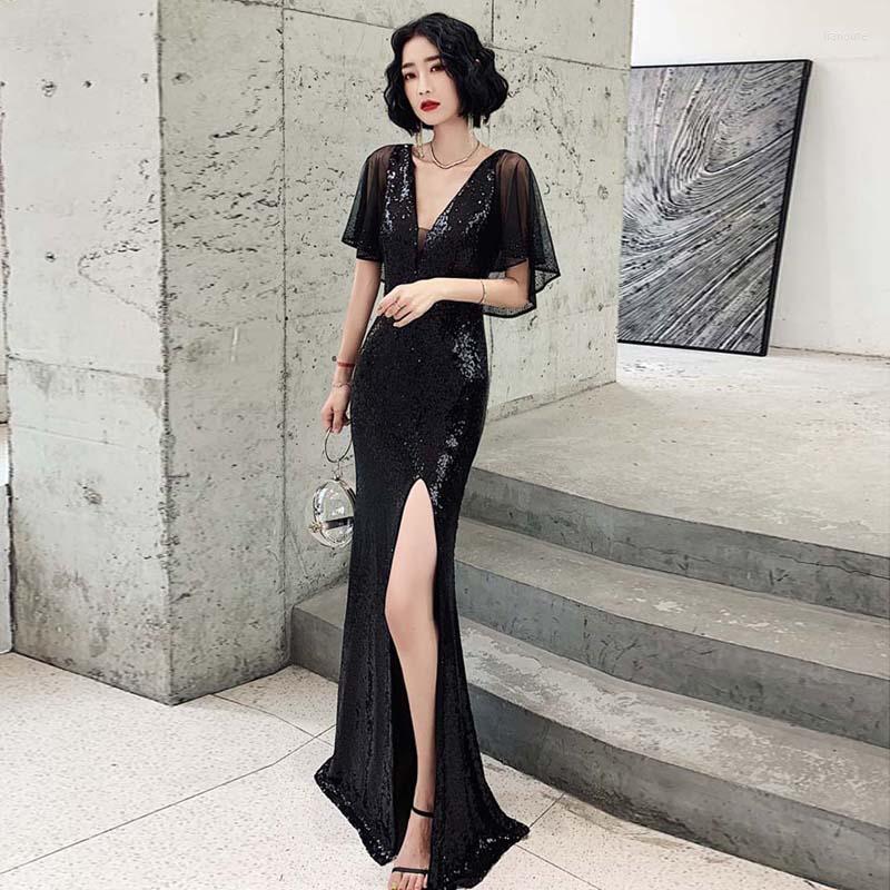 

Ethnic Clothing 2023 Fashion Queen Black Sequin Chinese Evening Dress Sexy Women Oriental Style Party Gown Modern Perspective Deep V Neck Qi