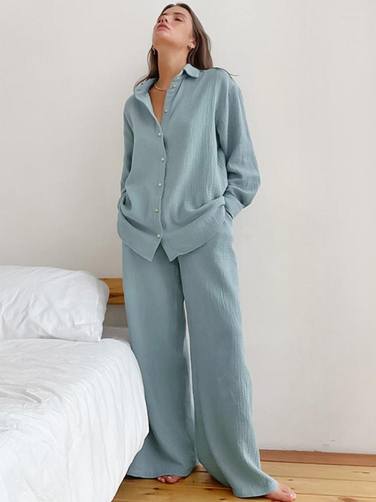 

Women' Sleepwear Sumuyoo Spring Cotton Temperament Homewear Set Long Sleeve Shirt & Loose Trousers Two-piece, Green