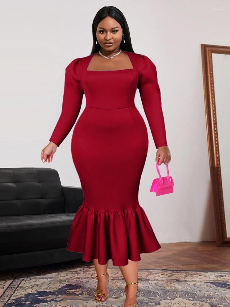 

Plus Size Dresses Mermaid Women Midi Square Neck Gigot Sleeve Slim Winter Robes Ruffle Elegant Party Wedding Evening Vestidos, Burgundy