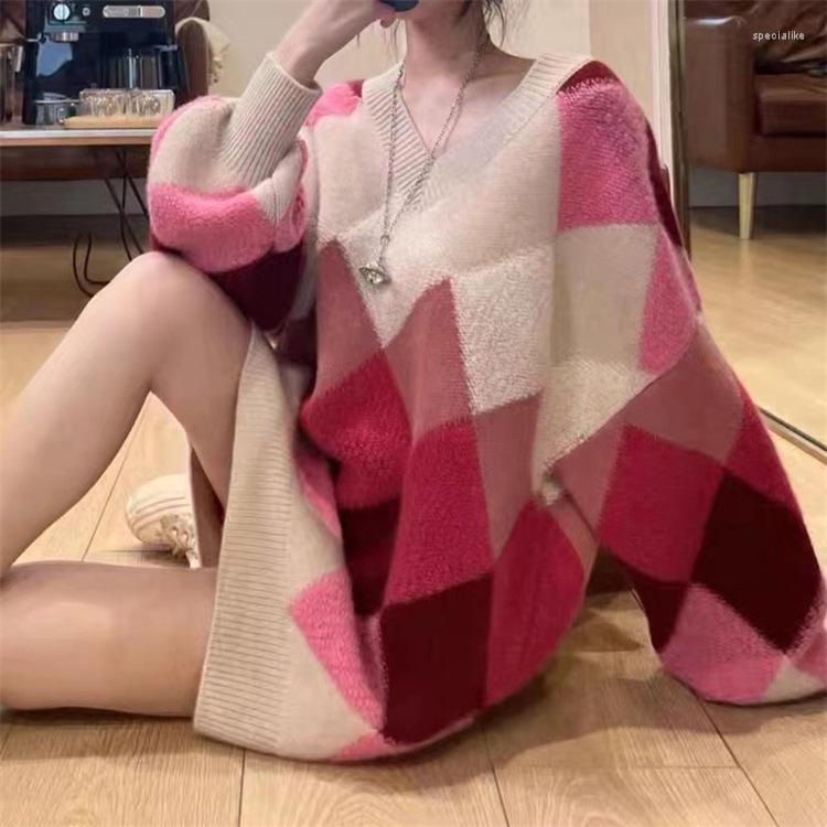 

Women's Sweaters Thick Flocking Oversized Sweater Women Contrast Argyle 2023 Autumn Winter Lazy Oaf Pullovers Long Fashion V Neck Jumpers, Green