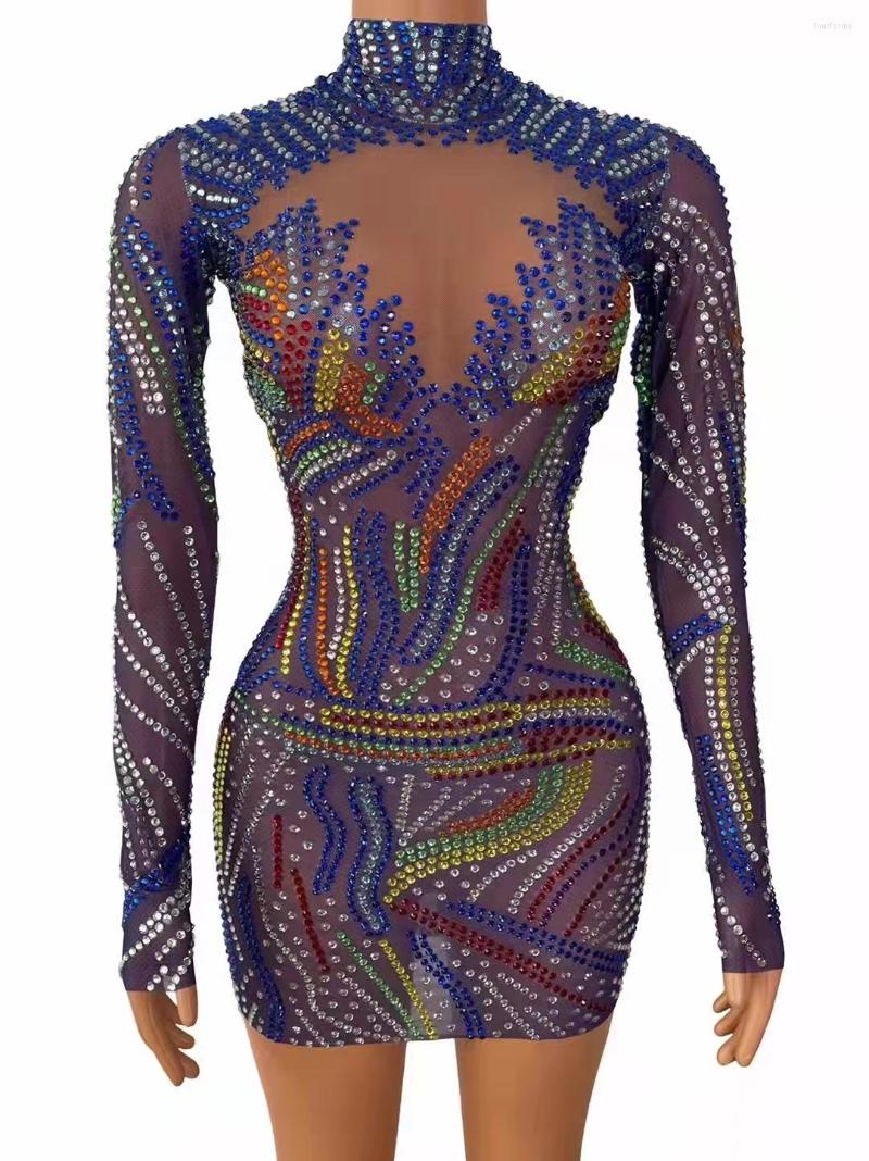 

Stage Wear Multi-color Rhinestone Transparent Long Sleeve Dress Evening Birthday Celebrate Costume Women Dancer Show See Through, Picture