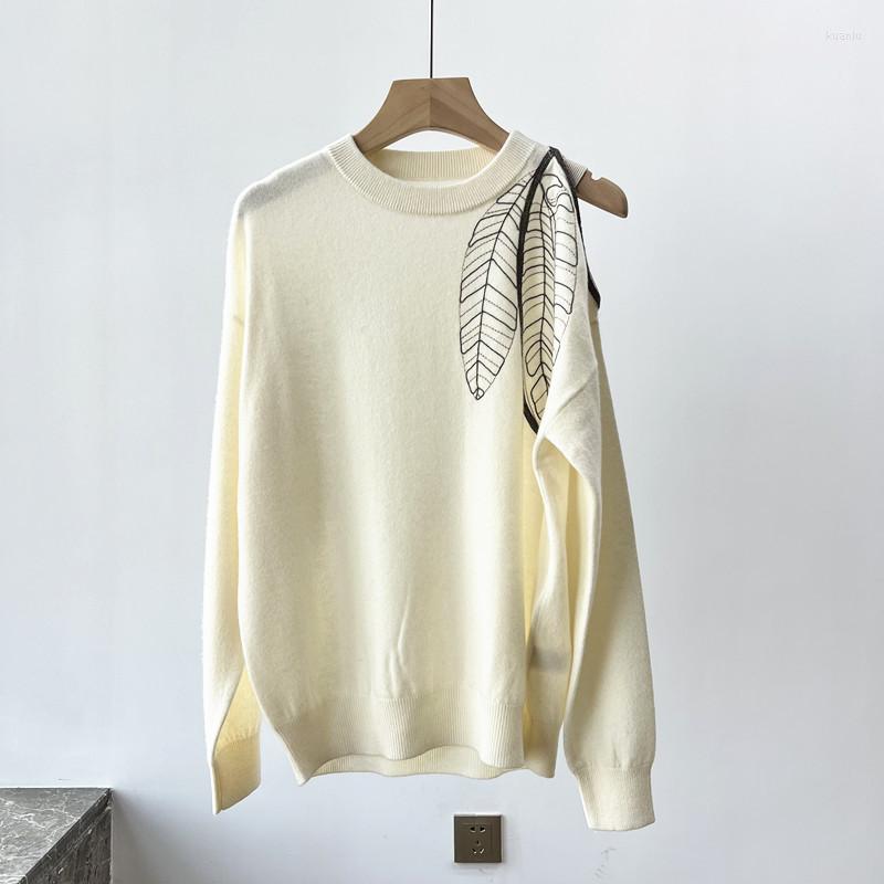 

Women' Sweaters 2023 Autumn Winter Women' Fashion French Chic Pure Cashmere Beaded Decoration Sweater, Ivory