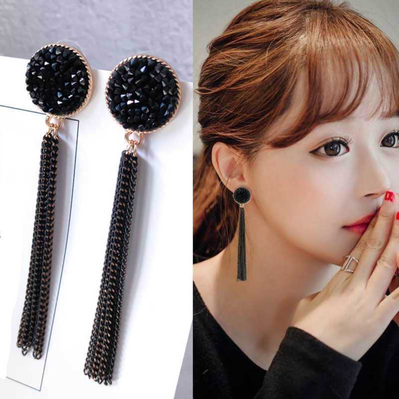 

Charm Copper alloy Zhiqing 04 Fashion trendy net red temperament black chain tassel earrings