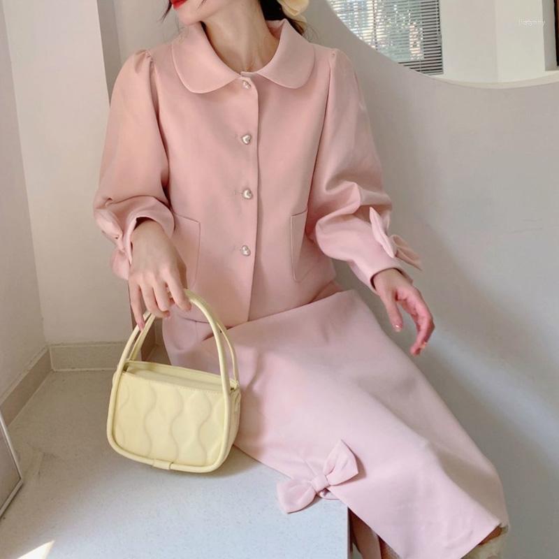 

Work Dresses Women Two-Piece Pink Suit Skirt Japanese Soft Girl Cute Doll Collar Love Button Coat Tops Female Retro Sweet Autumn Y2k Skirts