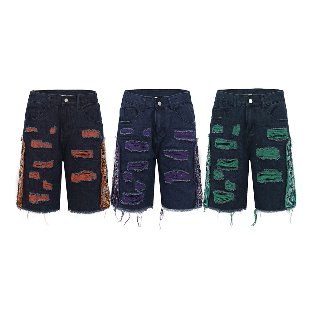 

Streetwear Summer Hole Patchwork Frayed Washed Jeans Men's Shorts Straight Pocket Ripped Baggy Denim Trousers Oversized