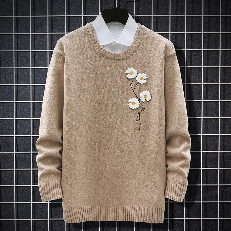 

Men's Sweaters Mens Knitted Sweater 2023 Autumn Winter Pullover Flower Decoration Jumper Casual Loose Soft Male Daisy Embroidery, Dwx2188 black
