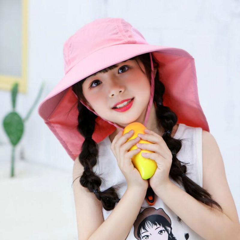 

Berets Wide Brim Kids Fishing Cap With String Casual UV Protection Neck Cover Sun Hat Children Sunscreen Summer Bucket Beach CapBerets, Sky blue