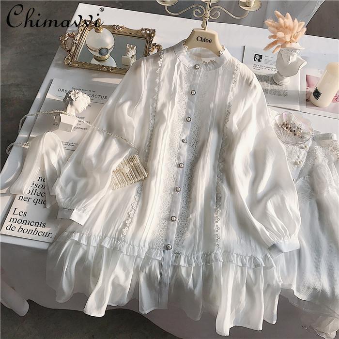 

Casual Dresses Gentle Fairy Style Women Round Neck Lace Stitching Hollow Out Loose Dress Long Puff Sleeve Short White With Belt