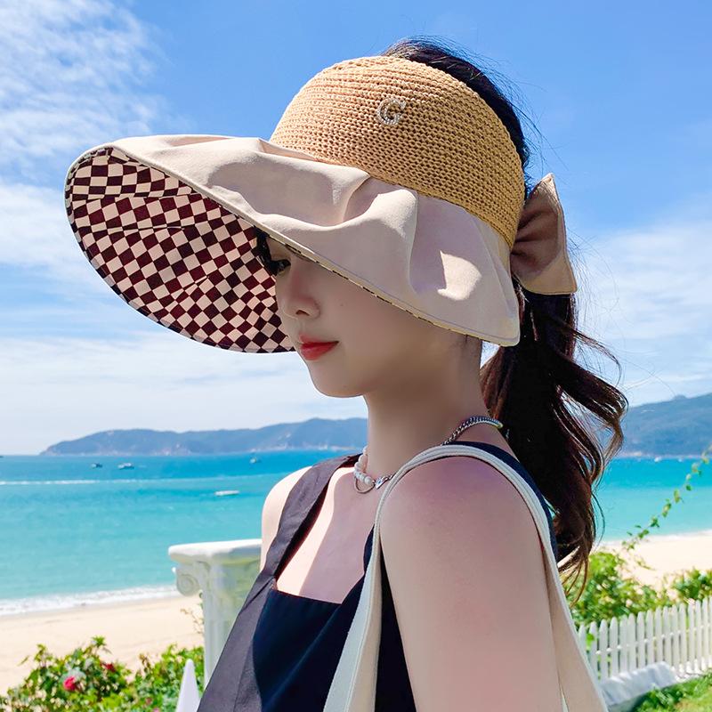 

Wide Brim Hats Hat Female Summer Checkerboard Sunscreen Empty Top Big Sunshade Foldable Sun Magic Sticker PonytailWide