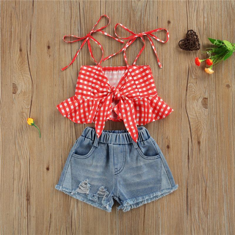 

Clothing Sets 1-5 Years Toddler Girls 2pcs Summer Outfits Sleeveless Plaid Print Ruffle Tank Tops Ripped Denim Shorts Set Infant, Picture shown