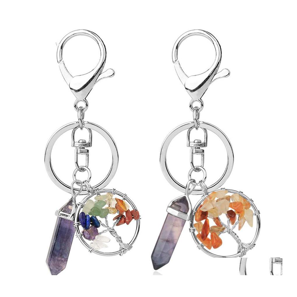 

Key Rings Natural Stone Tree Of Life Fluorite Hexagonal Prism Keychains Healing Rose Crystal Car Decor Keyholder For Women Carshop20 Dhuw6
