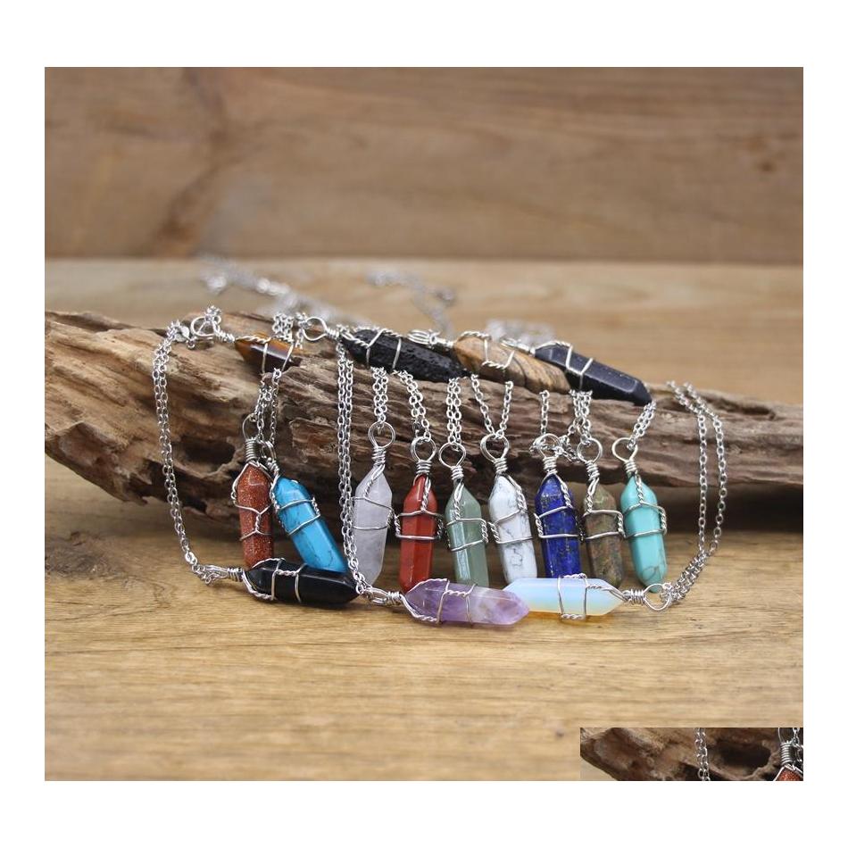 

Pendant Necklaces Natural Stone Point Wire Wrap Pendants Necklace Crystal Rose Quartz Hexagonal Pendum Chakra Healing Jewelr Yydhhom Dh7Au