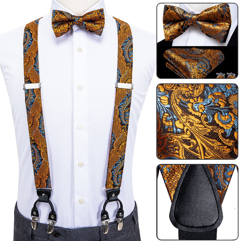 

Suspenders Luxury Silk Adult Men's Leather Metal 6 Clips Braces Wedding Party Bow Tie and Vintage Elastic Men 230217