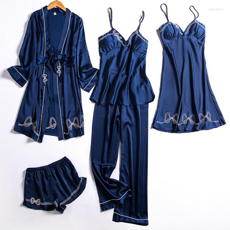 

Women's Sleepwear Summer Autumn 5 Pcs Set Women Pyjama Satin High Quality Embroidery Sexy With Chest Pad Pajamas Homewear, Blue