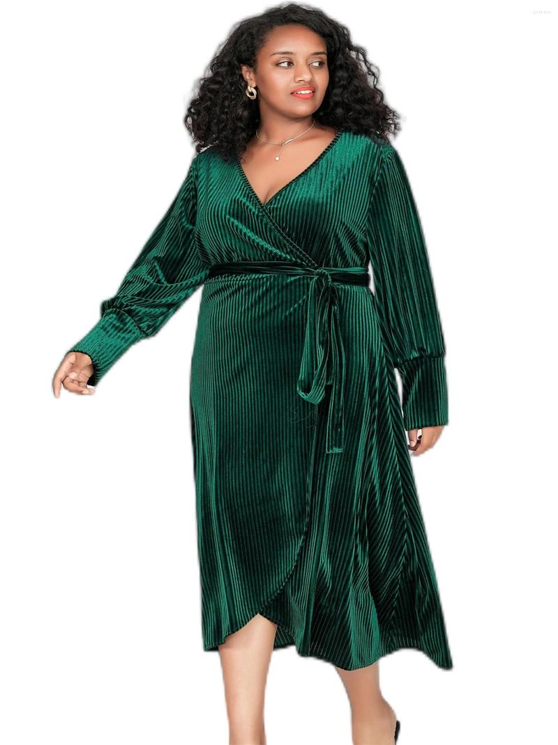 

Plus Size Dresses Long Sleeve Autumn Elegant Dress Women Loose Fit High Split Tie Waist Party Midi Female Large Evening, Green