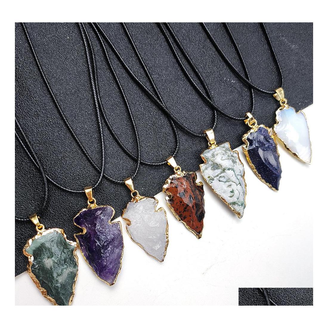 

Pendant Necklaces Natural Agate Obsidian Healing Crystal Gilded Edge Arrow Original Quartz Stone Men Necklace Jewelry Drop Delivery P Dhc05