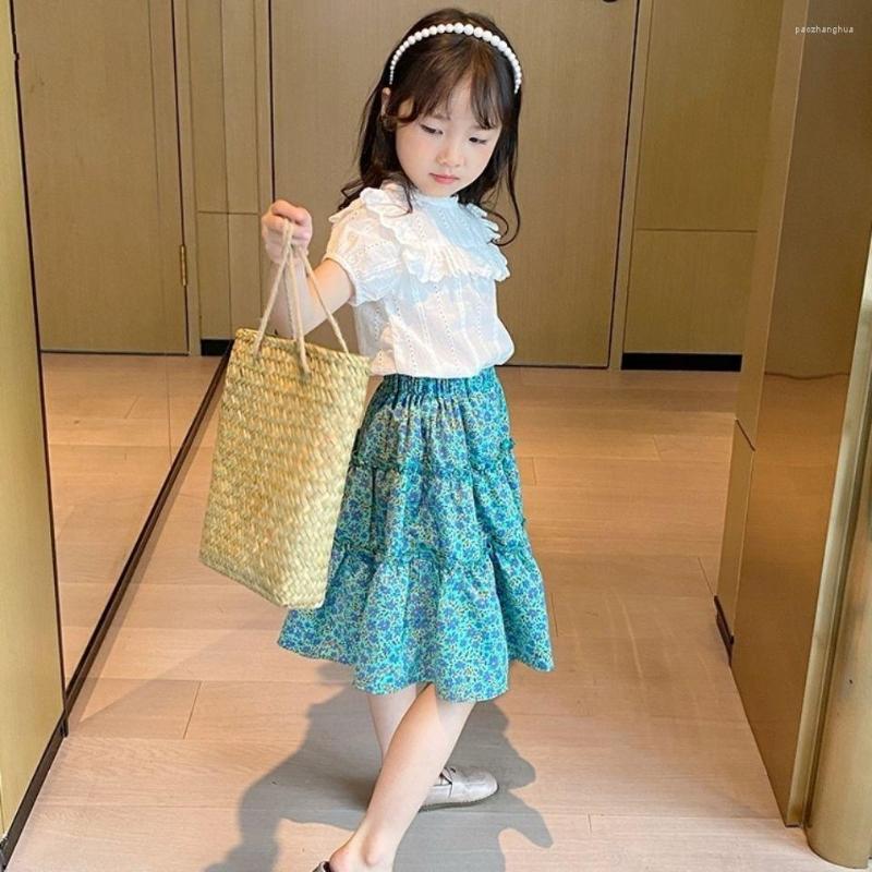 

Clothing Sets Korean Style Summer Spring Baby Girls Tutu Skirts Toddlers Kids Princess Chic Floral A-line Dress White Shirt 2PCS, Green